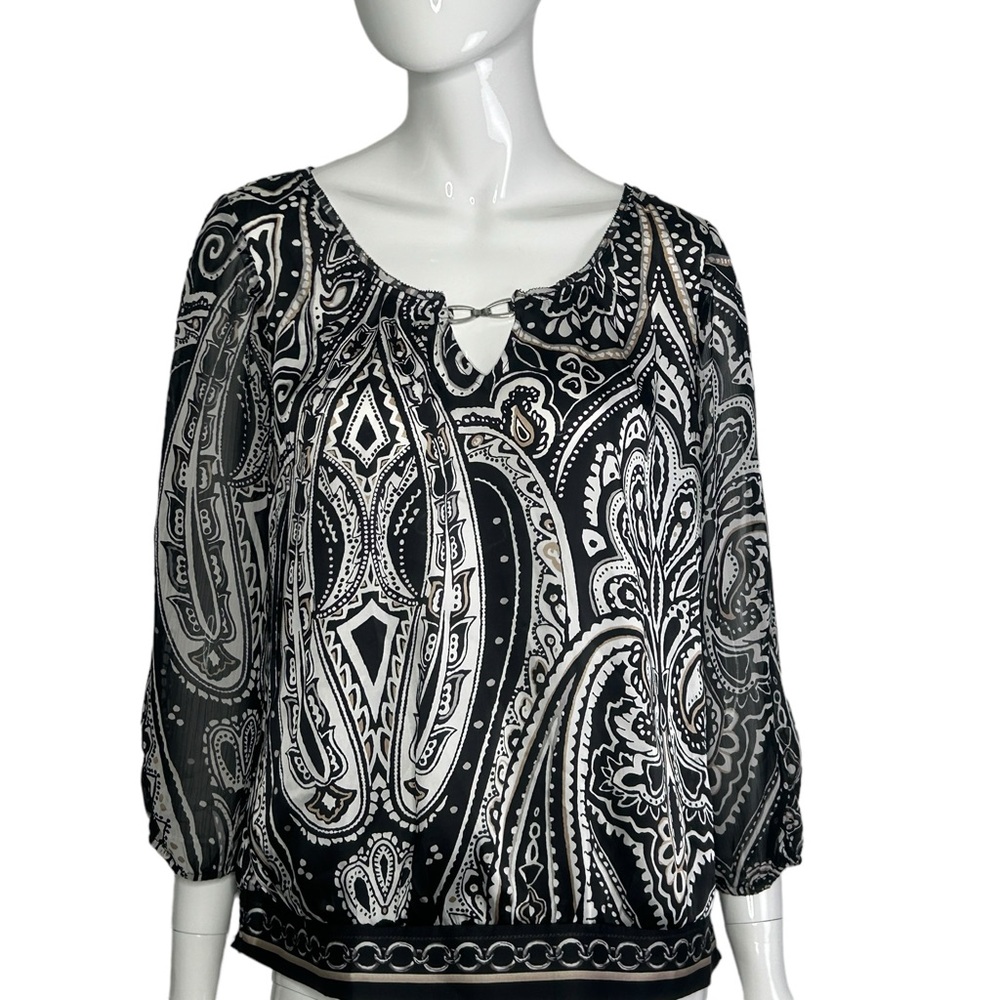 White House Black Market Women's Shirt 14 Slit-Sleeve Blouse Black White Paisley